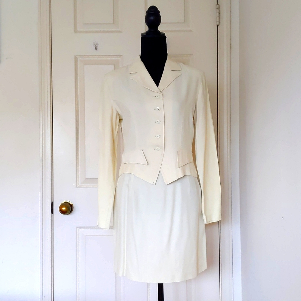 Rayon Blended Very Light Green Blazer and skirt set.